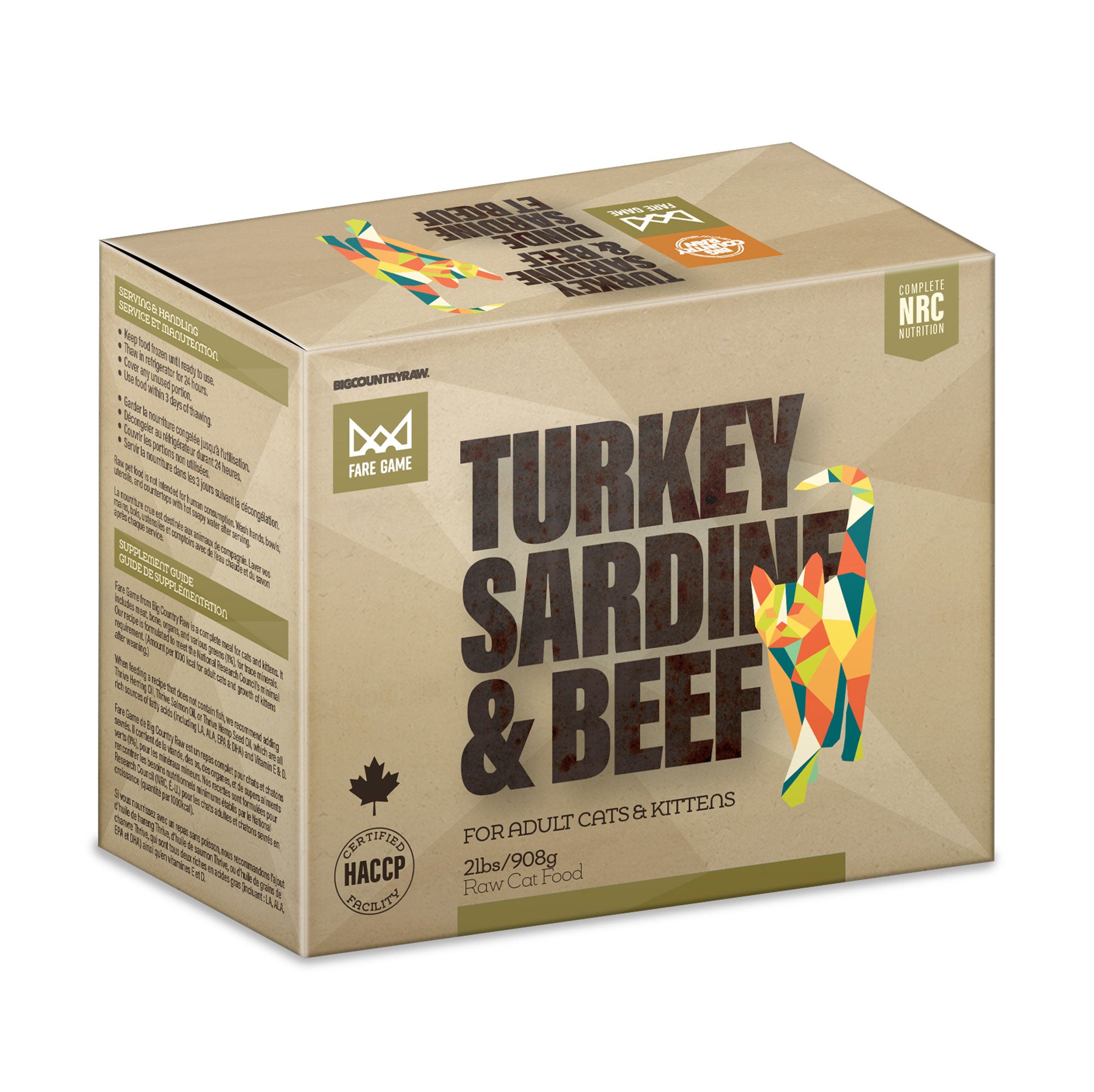 A carton of Big Country Raw Fare Game Cat food, Adults & Kittens, Turkey, Sardine & Beef recipe, 2 lb (contains 4 half pound patties), requires freezing.