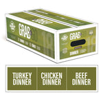 A box of Big Country Raw Grab & Go Dinner 18, bulk dog food, contains 3 recipes: turkey dinner, chicken dinner, beef dinner, 18 lb (contains nine 2 lb containers), requires freezing.