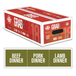 A box of Big Country Raw Grab & Go Red 18, bulk dog food, contains 3 recipes: beef dinner, pork dinner, lamb dinner, 18 lb (contains nine 2 lb containers), requires freezing.