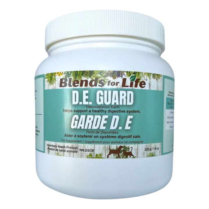 220 gram container of Blends for Life Diatomaceous Earth DE Guard Pet supplement.