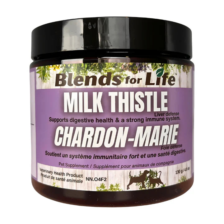 130 gram jar of Blends for Life Milk Thistle liver defense pet supplement. 