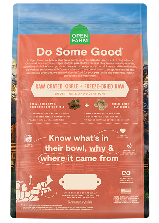 Back of the bag of Open Farm Tide & Terrain Ancient Grains dog food formula. 