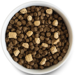 Above view of Open Farm Rawmix Ancient Grains Tide & Terrain formula in a white bowl. Contains coated kibble and freeze-dried morsels.