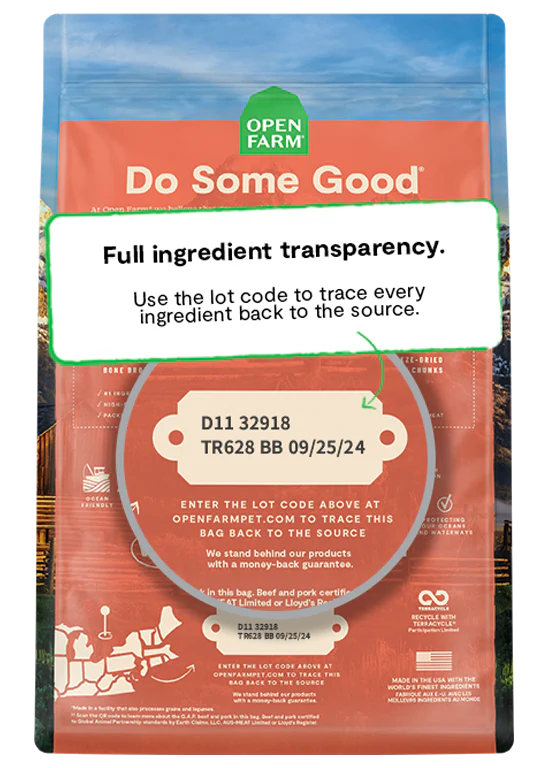 Back of the bag of Open Farm Tide & Terrain Ancient Grains dog food formula, highlighting the process to view full ingredient transparency.