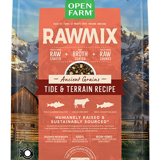 Front view of a bag of Open Farm Rawmix Ancient Grains Tide & Terrain formula. 3.5 lbs. 