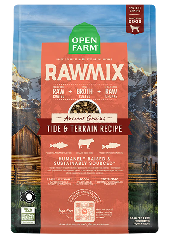 Front view of a bag of Open Farm Rawmix Ancient Grains Tide & Terrain formula. 3.5 lbs. 