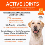 Highlights of the key ingredients in Squarepet's Active Joints Vet Formulated Dog Food. 