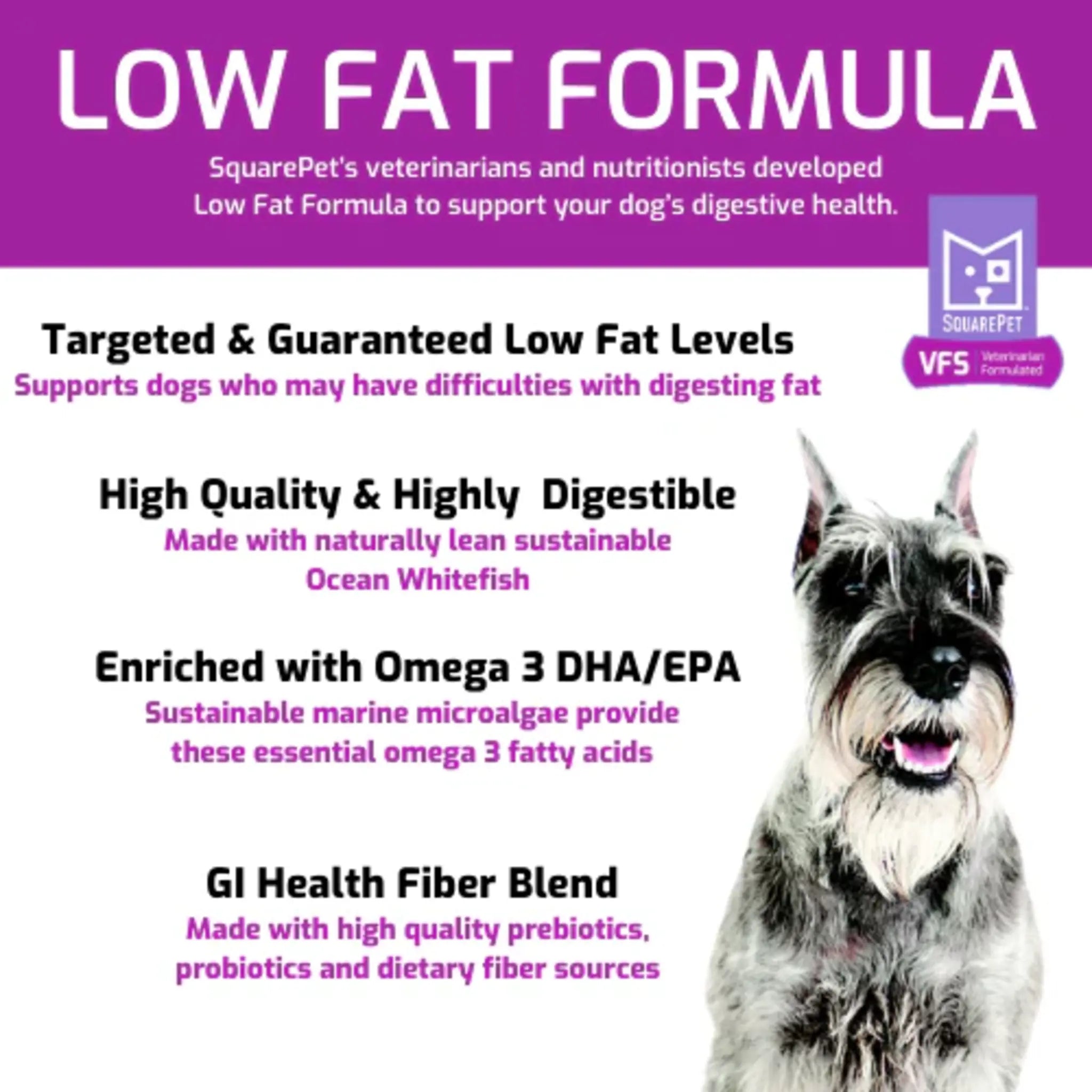 Highlights of key ingredients in Squarepet's low fat veterinary formulated dog food.