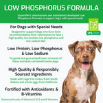 Highlights of key ingredients in Squarepet's low phosphorus veterinary formulated dog food. 