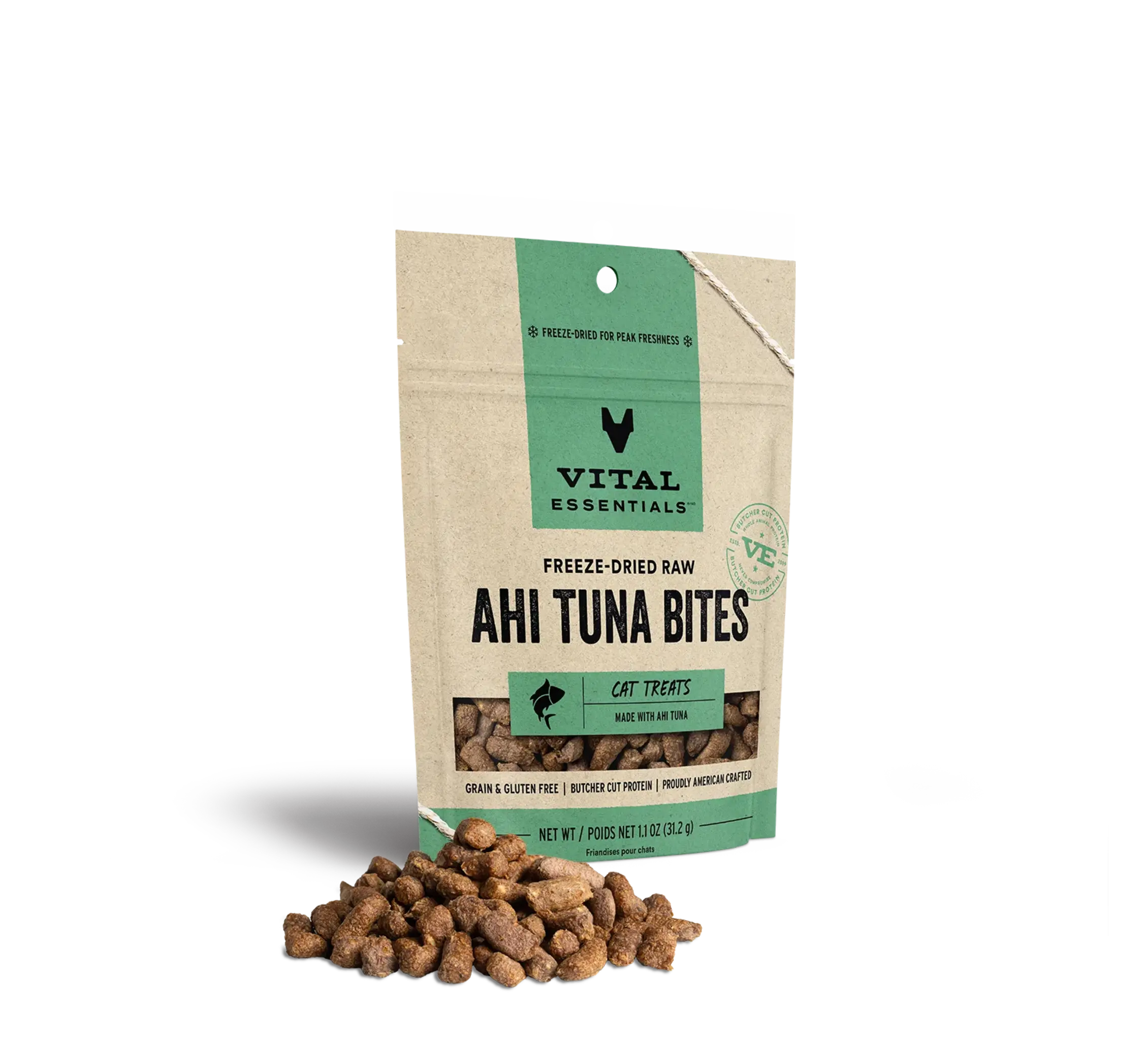 Bag of Vital Essentials Freeze-Dried Ahi Tuna Bites Cat Treats. A small pile of the treats is in front of the bag. 